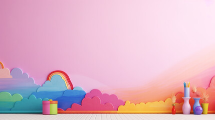 The playroom of kindergarten background with pink  wall decorated with colorful skies s and wooden floors with colorful brush tools