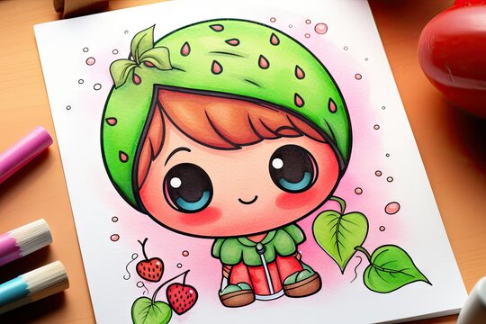  a drawing of a little girl with a green hat and a strawberry on her head.  generative ai