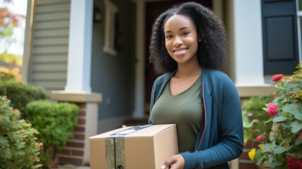 African American Woman Happy to Receive Package at Home, Delivery Service