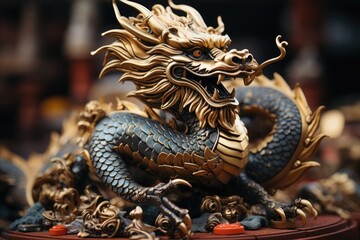 Huge figure of a Chinese dragon on the background of the city street, preparation for the 2024 New Year celebration