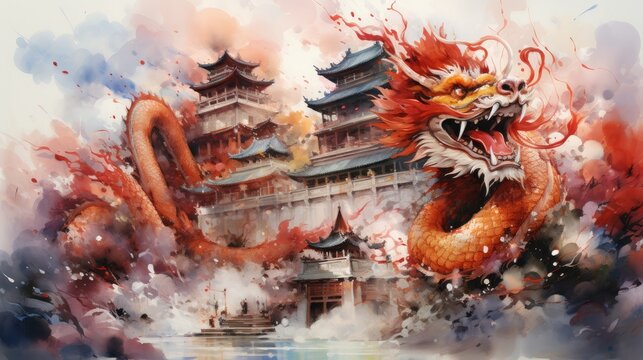 Dragon painting in watercolors. Chinese New Year symbol 2024.