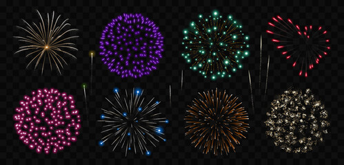 Fireworks vector set. Collection of realistic colorful fireworks isolated on transparent background. - obrazy, fototapety, plakaty