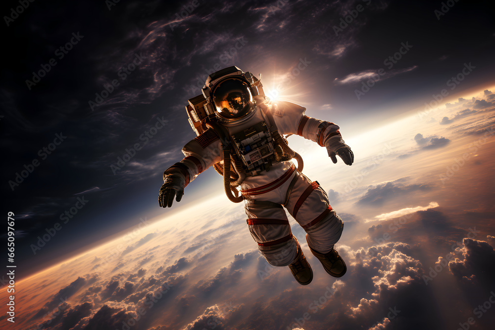 Wall mural astronaut floating in spacewalk. beauty of deep space. adventure of spaceman. wonders of outer space