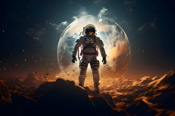 Astronaut on the surface of the moon. Big beautiful planet in the background. Space and universe exploration concept