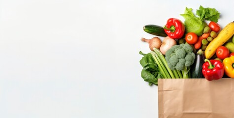 Healthy food in paper bag vegetables and fruits on white background. - obrazy, fototapety, plakaty