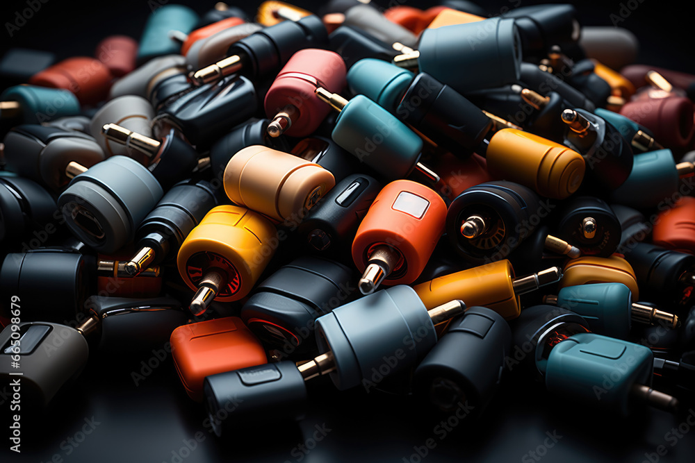 Poster a tangled bundle of charging cables and adapters, emblematic of our increasingly device-dependent wo