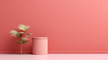 Pink trash bin on pink background with plant. Minimal style trash bin background with copy space.