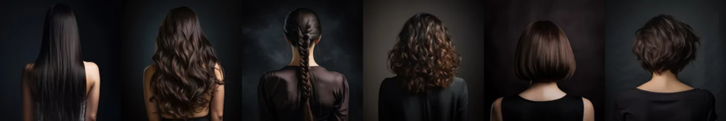  Various haircuts for woman with dark brown brunette hair - long straight, wavy, braided ponytail, small perm, bobcut and short hairs. View from behind on black background. Generative AI © Lubo Ivanko