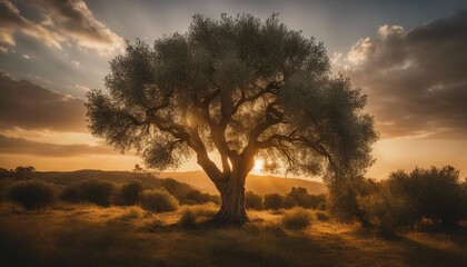 Serene Landscape of Ancient Olive Tree at Sunset
