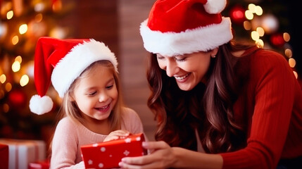 Fototapeta na wymiar Mom and daughter in Santa hats among Christmas decorations. Ai generated