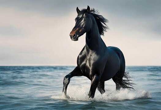 A black Horse running in the water