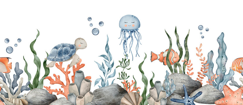 Seamless border of Sea Pebbles, jellyfish, turtle, clownfish and starfish, seaweed algae. Hand drawn watercolor illustration. Marine, tropical collection for souvenir, posters, sticker, printing
