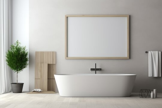 A modern bathroom with a luxurious white bathtub and a decorative wooden framed artwork