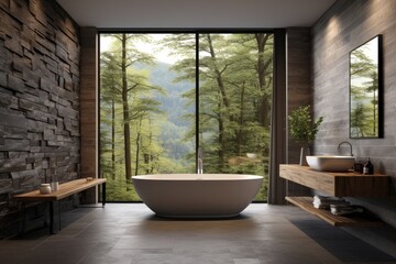 Fototapeta premium A spacious bathroom with a luxurious bathtub and ample natural light