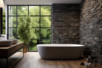A luxurious bathroom with a stunning stone wall and a spacious bathtub