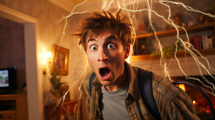 Shocked man receiving spark from unplugged cable at home - obrazy, fototapety, plakaty