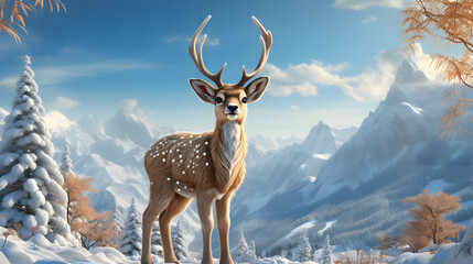 Cartoon deer in winter - obrazy, fototapety, plakaty