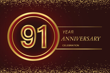 91st  anniversary logo with gold double line style decorated with glitter and confetti Vector EPS 10