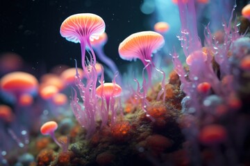 Fototapeta na wymiar Jellyfish-like neon mushrooms as mossy makro illustration