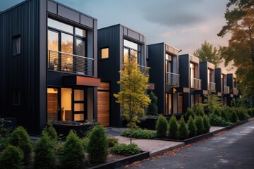 A lineup of sleek and modern black townhouses