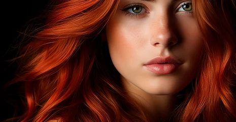 Fotobehang Red hair close-up as a background. Women's long natural dark hair. Girl with wavy shiny curls - AI generated image © BEMPhoto