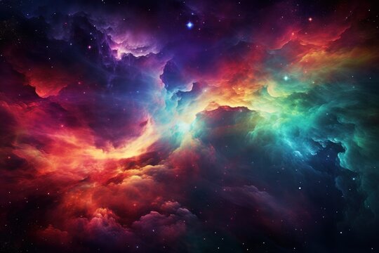 Rainbow neon colored space nebula floating in space