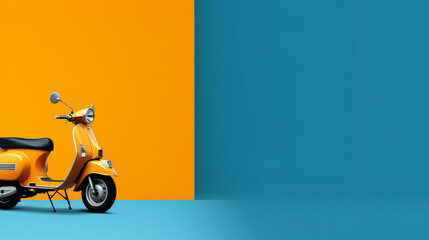 Yellow Scooter on yellow blue background with copy space.
