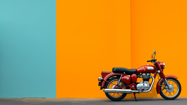 red motorcycle on blue yellow background banner with copy space.