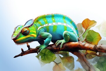 Obraz premium A colorful chameleon perched on a leafy branch