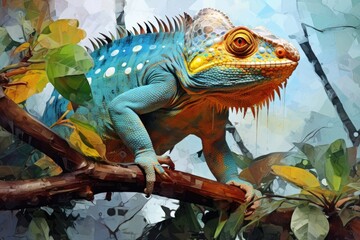 Fototapeta premium A vibrant reptile perched on a leafy branch