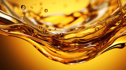 Close up macro of gold fluid engine oil or seed sunflower oil splash on a yellow background. 