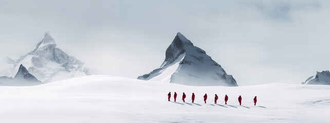 Team of mountaineers walking in a row on mountain trail in winter. Generative AI - obrazy, fototapety, plakaty