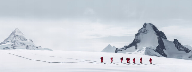 Team of mountaineers walking in a row on mountain trail in winter. Generative AI - obrazy, fototapety, plakaty