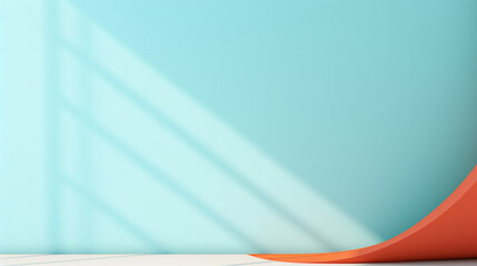 Minimalistic light pastel pink and blue empty room interior with sunlight shadow on the wall from the window with copy space