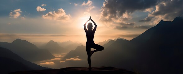 silhouette of a woman practicing yoga in the summit with mountain Background. - obrazy, fototapety, plakaty