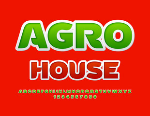 Vector colorful advertisement Agro House. Green sticker Font. Creative Alphabet Letters, Numbers and Symbols.