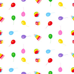 Children's pattern with letter cubes, ball, balloons, pyramid on a white background, hand-drawn digital illustration