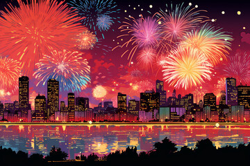Silhouette of the big city and skyscrapers during the celebration on the background of fireworks. 4th of July celebration. Merry Christmas and Happy New Year. Illustration in retro style