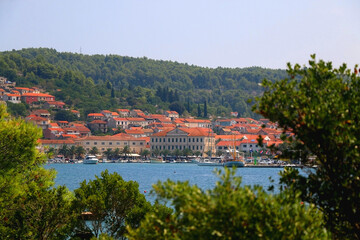 Promenade in Vela Luka, picturesque small town on island Korcula, Croatia.