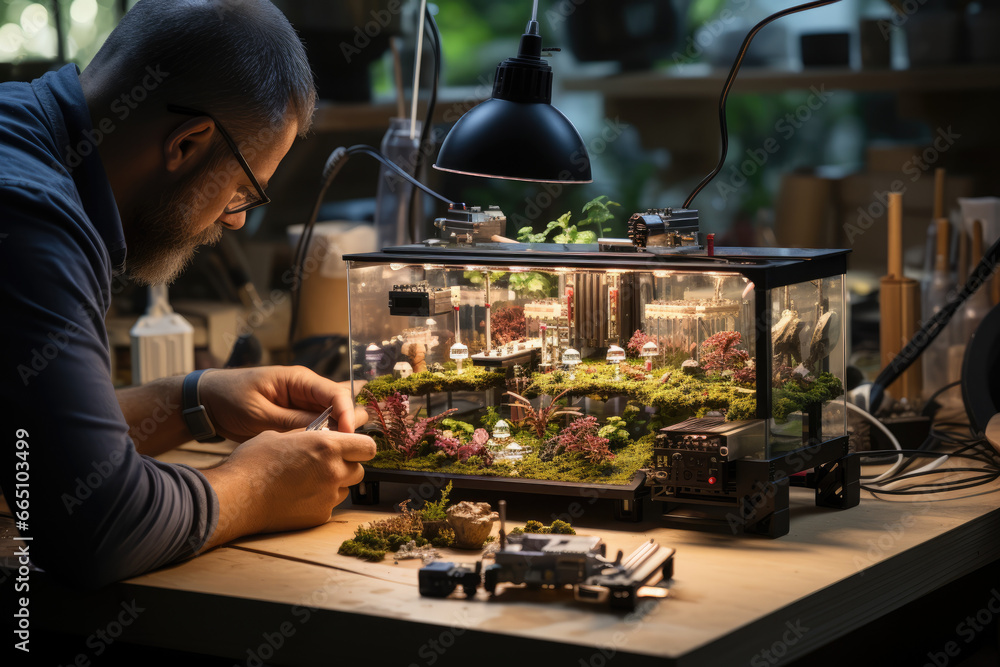 Poster an entrepreneur testing a prototype of their invention in a workshop, emphasizing the hands-on natur