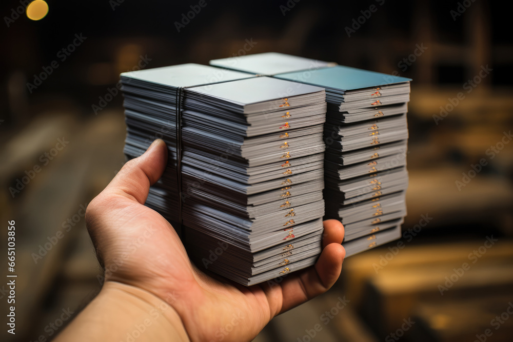 Poster a close-up of a person's hand holding a stack of business cards, representing the importance of netw