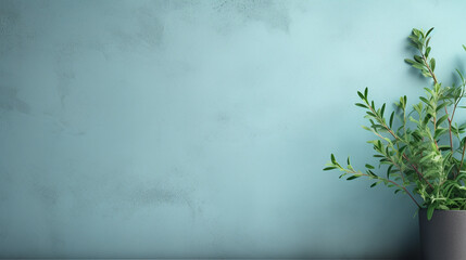 Herb in a vase against blue pastel wall grunge background. Herb banner ads concept