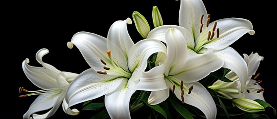 White lily flowers on black background.