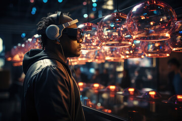 A person exploring a global marketplace of ideas and innovation at an international technology expo. Concept of technology innovation in globalization. Generative Ai.