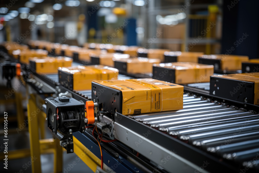Poster a high-speed conveyor belt transporting packages in a distribution facility, emphasizing the role of