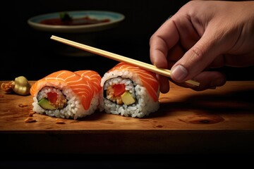 A person enjoying delicious sushi with chopsticks