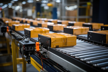 A high-speed conveyor belt transporting packages in a distribution facility, emphasizing the role of automation in logistics. Concept of conveyor systems. Generative Ai.