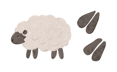 Set of Cartoon domestic sheep and footprint. Cute baby lamb. Digital hand drawn illustration for textile design, poster, card. Drawing of character for print on isolated background.