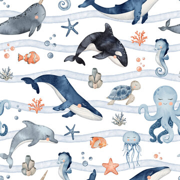 Underwater Animals seamless pattern. Cute undersea endless line with whale, orca, octopus, seahorse, jellyfish, turtle, clownfish, shells, algae, corals and bubbles. Hand drawn watercolor illustration