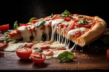 Delicious hot slice of pizza being lifted from a steaming cheesy pie
